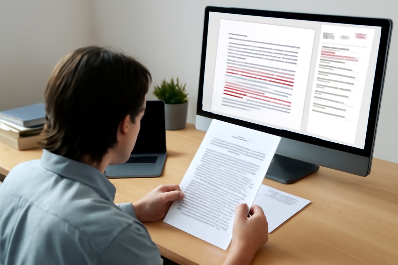 Researcher reviewing manuscript for plagiarism